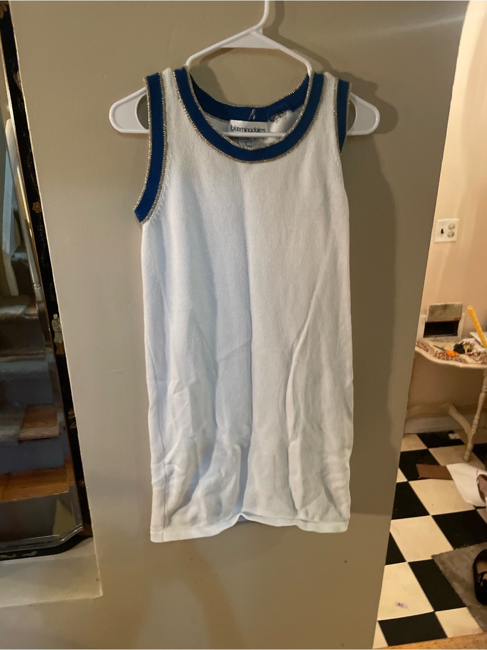 Vintage 90s Bloomingdale’s White Tank Dress with Blue Trim and Gold Stitching